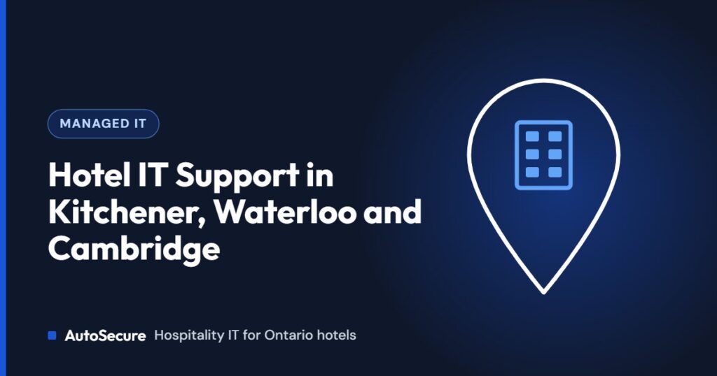 Map pin with a hotel building, representing local hotel IT support in Kitchener, Waterloo and Cambridge