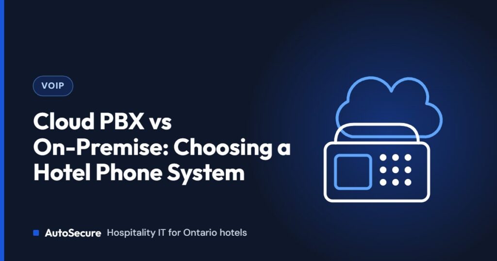 Hotel desk phone beneath a cloud, comparing cloud PBX and on-premise hotel phone systems