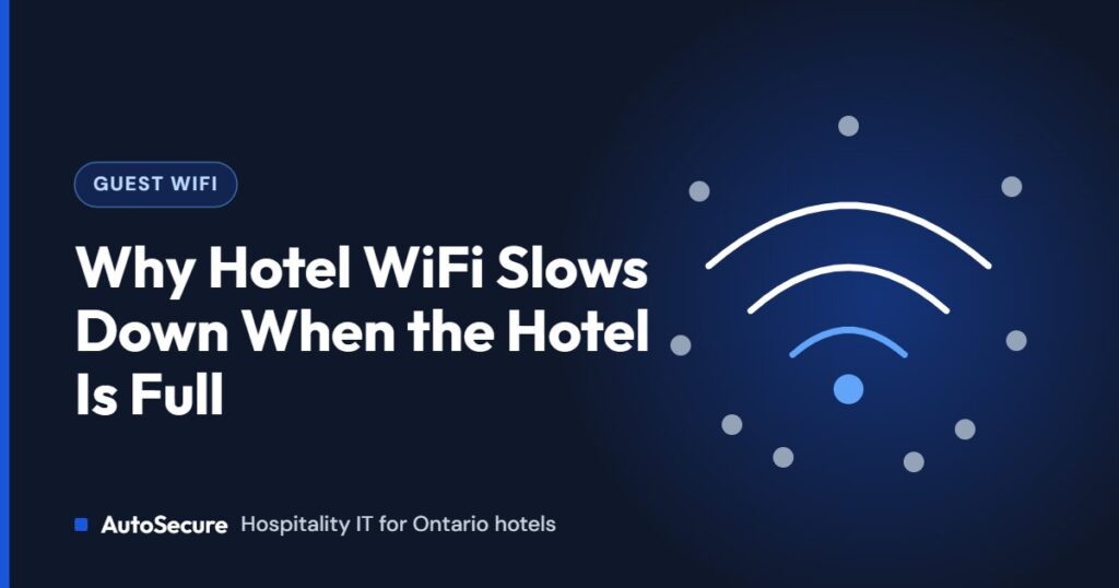 WiFi signal surrounded by many guest devices, illustrating why hotel WiFi slows down at full occupancy