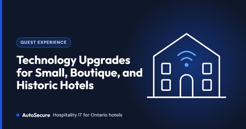 Small historic hotel building with a WiFi symbol, representing technology upgrades for boutique and historic hotels