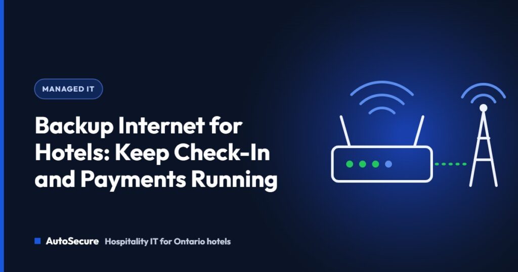 Router with a cellular backup tower, representing backup internet for hotels during an outage