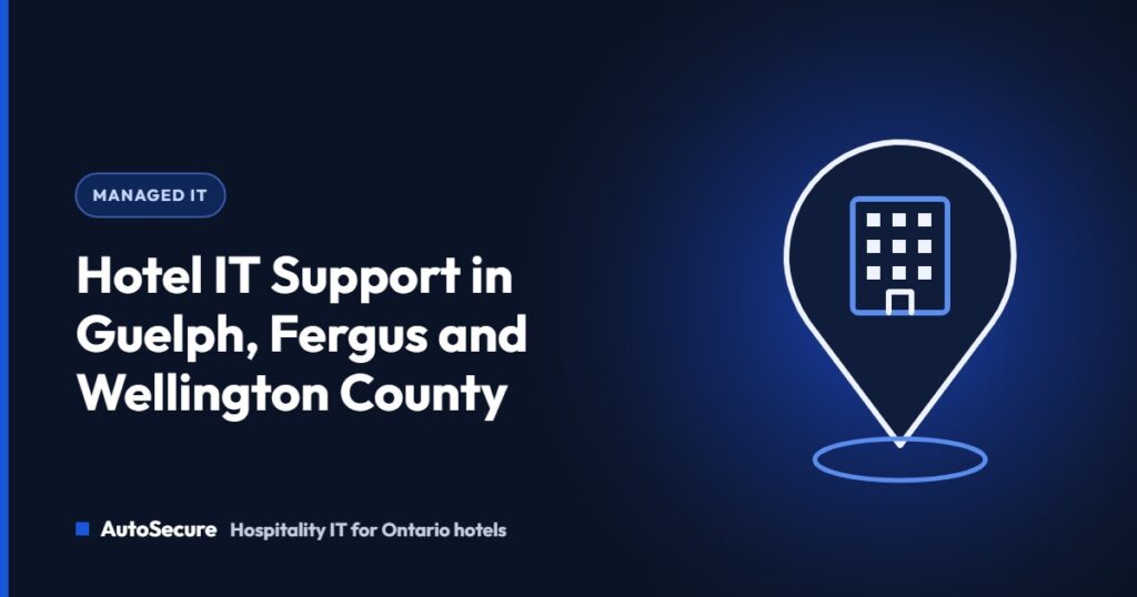 Map pin with a hotel building, representing local hotel IT support in Guelph, Fergus and Wellington County
