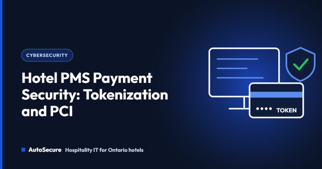 Front desk PMS screen and a tokenized payment card with a security shield, representing hotel PMS payment security